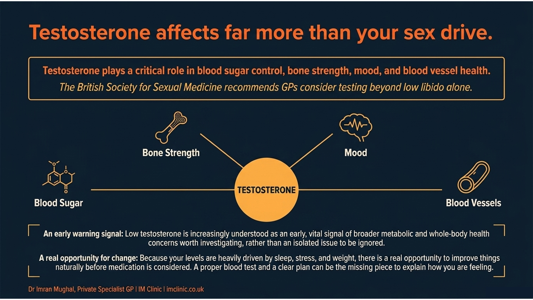 testosterone affects far more than sex drive, blood sugar, bone strength, mood and blood vessels