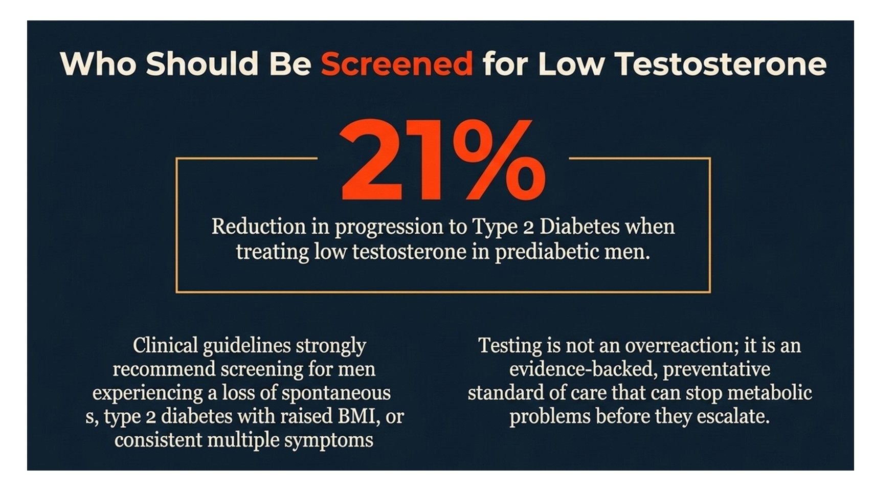 Who should be screened for low testosterone, 21 percent reduction in progression to type 2 diabetes
