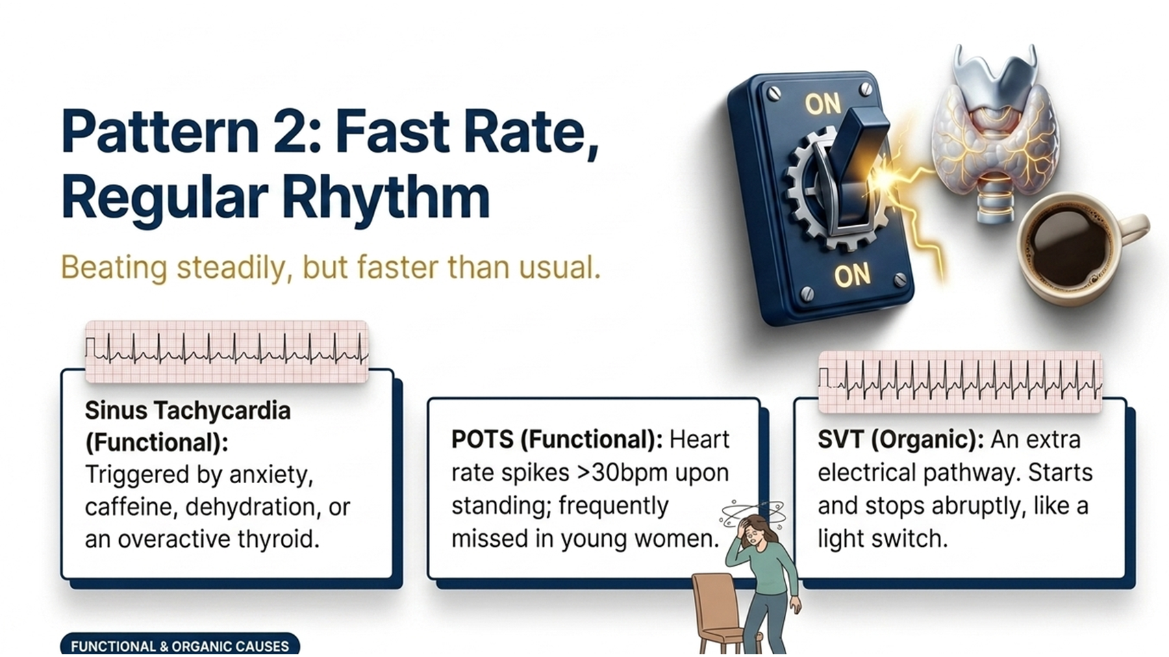 Causes of palpitations with fast regular rhythm, sinus tachycardia, POTS and SVT