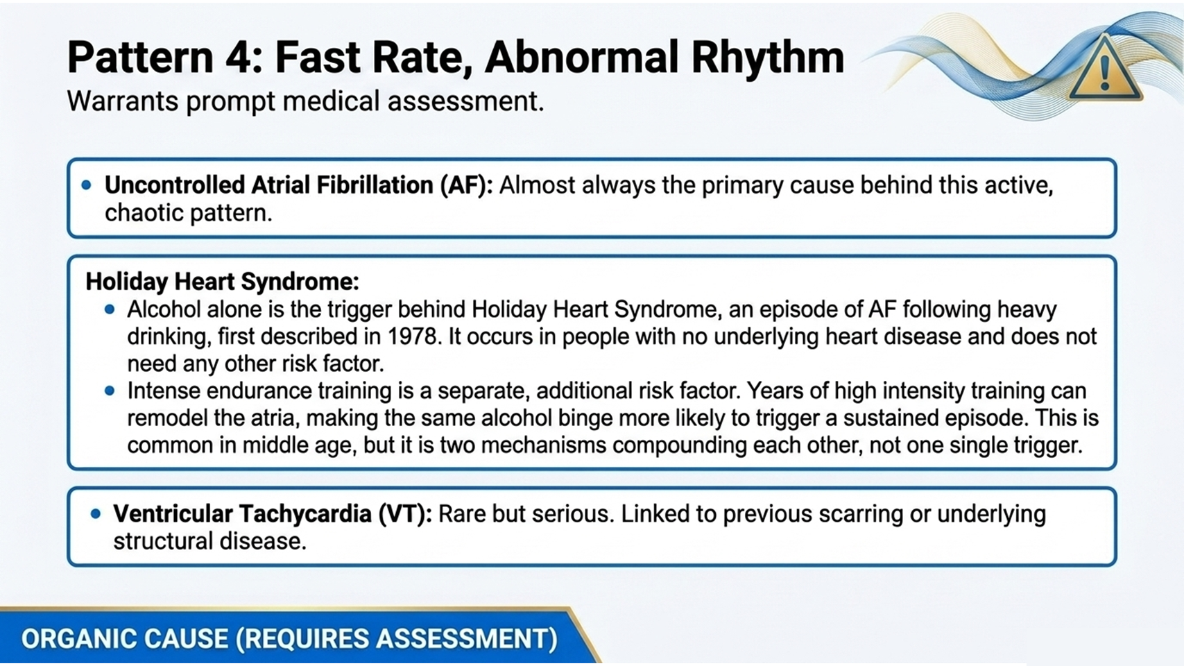 Causes of palpitations with fast abnormal rhythm, uncontrolled AF and Holiday Heart Syndrome
