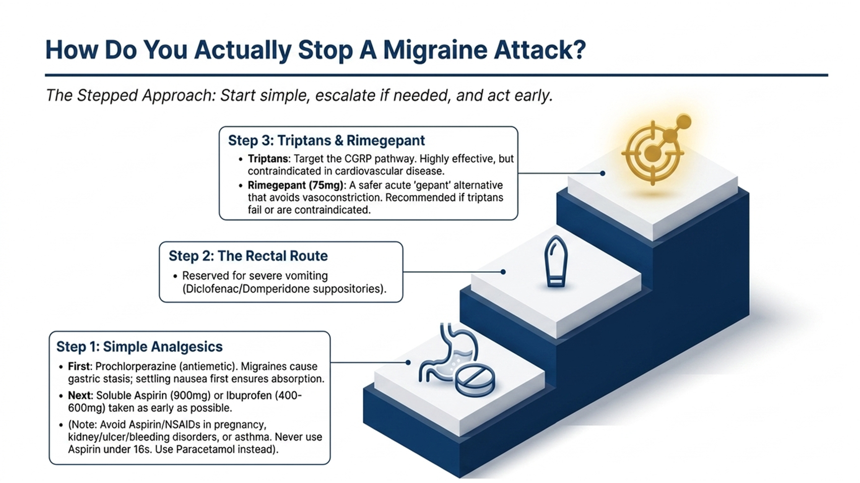 Stepped approach to stopping a migraine attack, antiemetic, analgesic, triptans, rimegepant